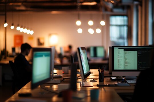 Modern office space with computers and working professional at d