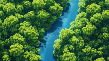 Naklejka premium Top view surface of green mangroves forest and blue river 