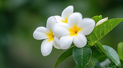 Fototapeta premium White Frangipani Blossoms with Green Leaves