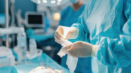 Nurse carefully applies compression wrap to post-surgical patient