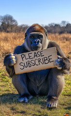 A gorilla holding a board that says please subscribe generated by AI