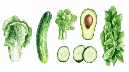 Watercolor painted collection of vegetables,Hand drawn fresh food design elements isolated on white background,Fresh colorful veggies background,diet,healthy food,Various Vegetables.
