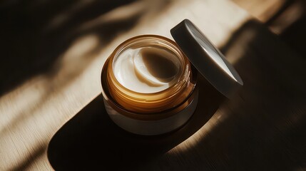 Image for advertising cream. Face cream jar with the lid slightly open.