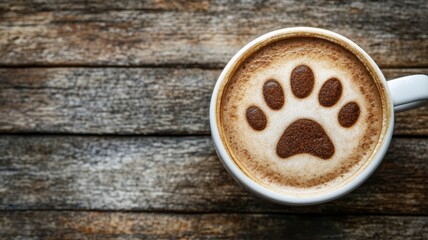 Cat or dog paw latte art coffee in white mug on wooden table at pet cafe,kawaii latte art in japan cafe,pet friendly,Barista making latte art in a cup of coffee,cafe or bistro with hot drink to go.