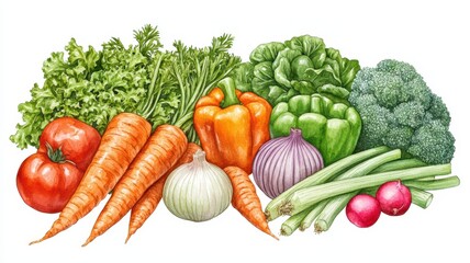 Watercolor painted collection of vegetables,Hand drawn fresh food design elements isolated on white background,Fresh colorful veggies background,diet,healthy food,Various Vegetables.