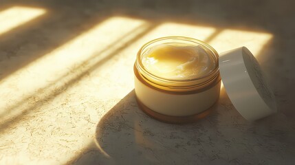 Image for advertising cream. Face cream jar with the lid slightly open.