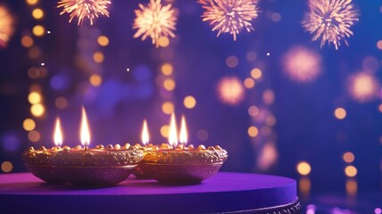 Banner design for diwali festival and podium,Diwali light decoration candle with fireworks,Stage,Product display Showcase design sparkle background,Deepavali,Dipavali,3D podium illustration.