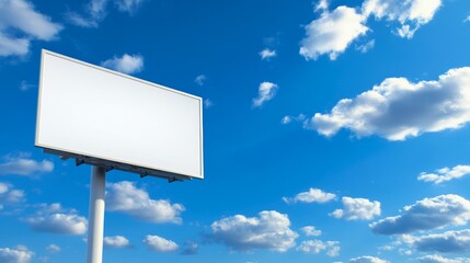 A blank white billboard mounted on a tall pillar stands against a blue sky, ready for custom advertising or promotional content