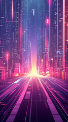 A futuristic city with glowing pink and blue lights, a glowing road leading into the distance.