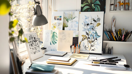 Fototapeta premium A messy artist's desk with sketches, art supplies, and a window with sunlight.