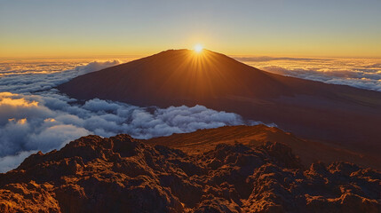 Fototapeta premium A majestic sunrise over a mountain range with clouds below.