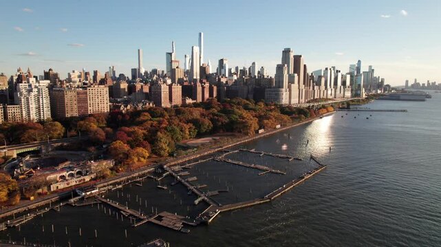 Serene aerial shot of NYC's Upper West Side and Downtown Skyline, gorgeous 4K
