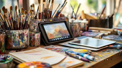 A wooden table covered with paint, brushes, and tablets, showcasing the merging of traditional and digital art.