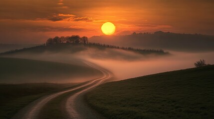 Magical and foggy sunset and rural landscape view of Picturesque agrotourism with characterized green top hill farms of olive groves and vineyards typical curved road with cypress at Crete Senesi in T