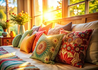Colorful Pillows on a Cozy Bed in the Morning Light - Selective Focus for Home Decor Inspiration