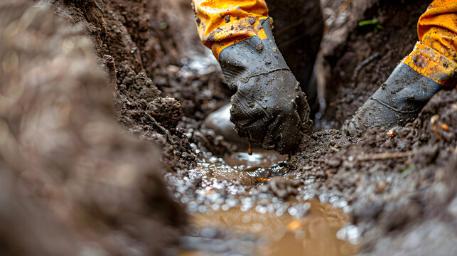 Man Digging Out Clogged Sewer Line Closeup