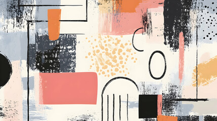 Abstract art with geometric shapes and paint strokes in orange, black, pink and blue.