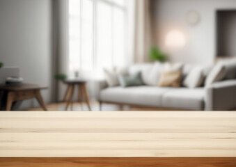 Wooden table top with blurry background living room