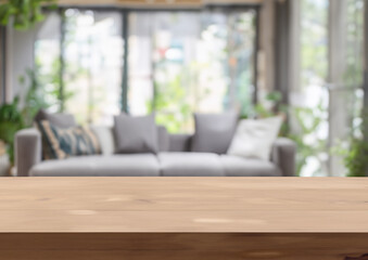 living room interior blurry background with foreground wooden top table