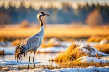 Naklejka premium Common Crane in Finnish Spring Landscape with Snow and Ice - Perfect for Nature Lovers and Wildlife Enthusiasts