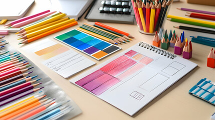 Obraz premium An open notebook with color swatches and pencils on a desk.