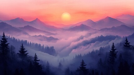 Aerial view of misty mountains at sunrise