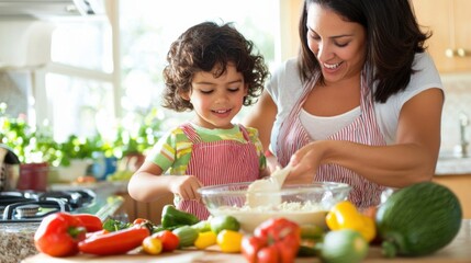 Mother and child enjoy cooking together in the kitchen