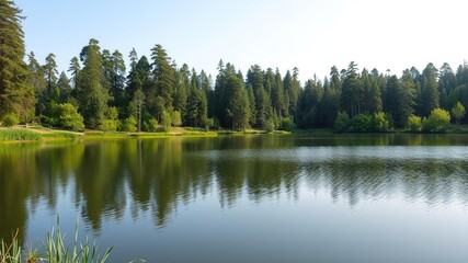 Obraz premium A serene lake surrounded by tall trees and lush greenery, tree line, aquatic ecosystem