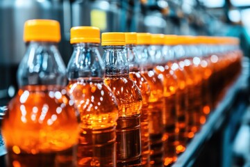 Line of bottling beverages in plastic bottles on clean light factory, Depth of field