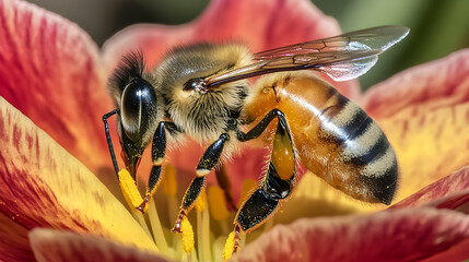 Close-up of a honeybee collecting pollen from a red and yellow tulip.