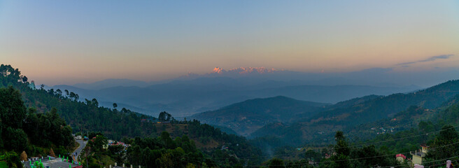 Trishul Viewpoint in Kausani, Bageshwar, Uttarakhand, offers an awe-inspiring panorama of the majestic Trishul mountain range in the Indian Himalayas (Snow Capped Mountain Peaks)