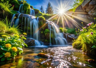 Enchanting Macro Photography of a Small Waterfall in Sunlight