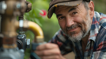 Middle aged man repairing burst pipe,plumbing, focus on foreground
