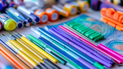 Colorful art supplies including markers, paintbrushes, and pencils on a white surface.