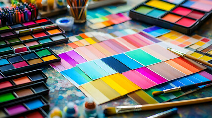 Colorful art supplies on a table, including paint, brushes, and a color chart.