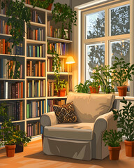 Fototapeta premium Cozy reading nook with armchair, bookshelf, plants, and window. (1)