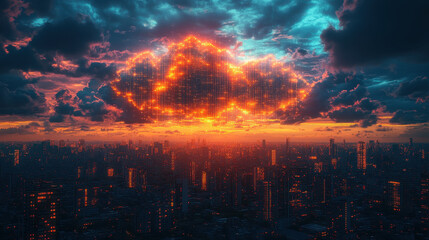 Fototapeta premium stunning digital cloud formation illuminates skyline at sunset, casting warm glow over city. vibrant colors and pixelated design create futuristic atmosphere, evoking feelings of hope and innovation