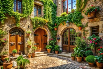 Enchanting Villa Facade with Ivy and Wrought-Iron Balconies - Surreal Photography