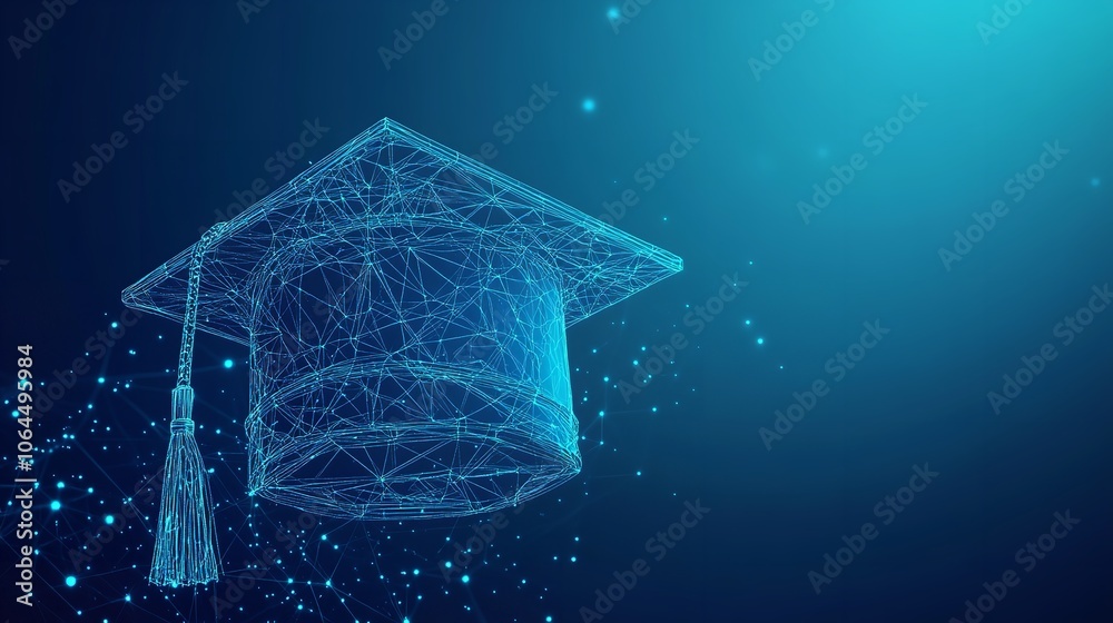 Fototapete abstract low poly wireframe of digital modern education concept with graduation hat on blue backgrou