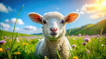 Obraz premium Endearing fluffy lamb with captivating eyes and a joyful smile, surrounded by a serene countryside filled with lush grass and colorful wildflowers, perfect for nature lovers.