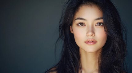Fototapeta premium close up portrait of young woman with long, dark hair and natural makeup, showcasing her clear skin and expressive eyes. soft lighting enhances her features beautifully