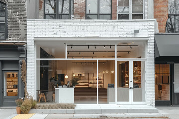 A Modern Minimalist Storefront on a City Street with Stylish Interior and Elegant Exterior Design