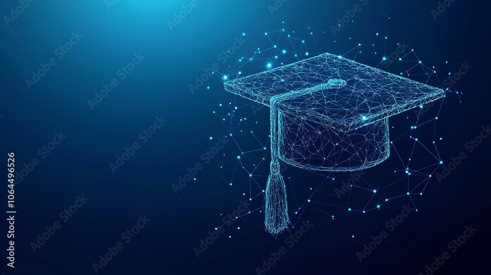Fototapete abstract low poly wireframe of digital modern education concept with graduation hat on blue backgrou