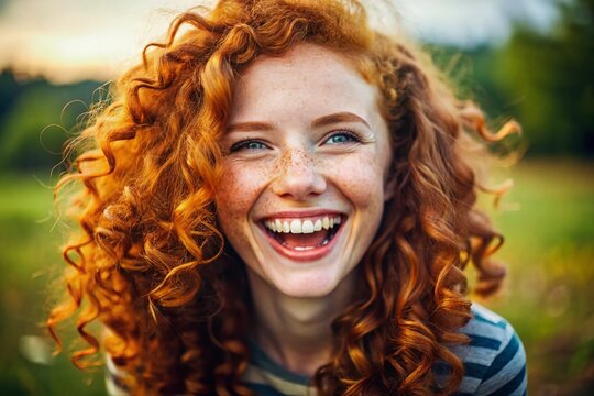 Ginger curls frame a face alight, laughter bright, freckles bloom.