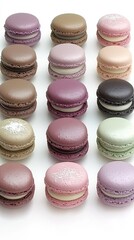 Obraz premium A beautifully arranged selection of macarons in various pastel colors, elegantly displayed against a pristine white background, highlighting their delicate textures and inviting sweetness 