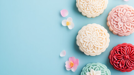 Beautifully decorated mooncakes arranged artistically on a pastel blue background, showcasing delicate floral designs and vibrant colors.