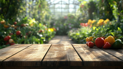 wooden table in greenhouse filled with vibrant vegetables and flowers, creating serene and productive atmosphere. sunlight enhances colors of plants