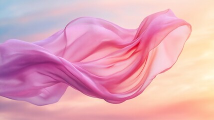 Obraz premium Pink fabric flowing in the wind against a colorful sunset sky.