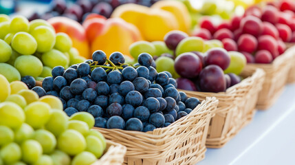 Vibrant assortment of fresh fruits arranged in baskets at a local market during the summer season 