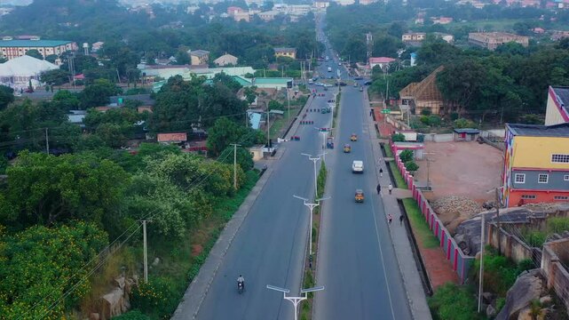 The highway to Jos Town in the Plateau State of Nigeria - pullback aerial